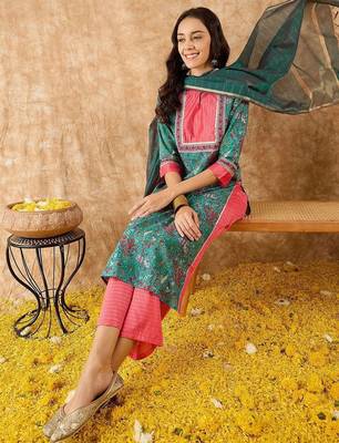 women ethnic motifs printed regular kurta with trousers & with dupatta 1