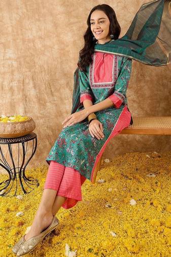 women ethnic motifs printed regular kurta with trousers & with dupatta