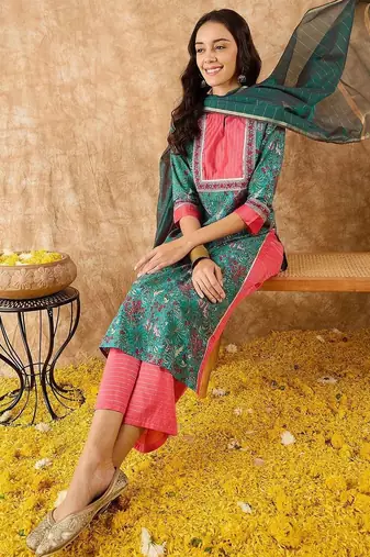 women ethnic motifs printed regular kurta with trousers & with dupatta