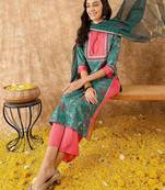 women ethnic motifs printed regular kurta with trousers & with dupatta