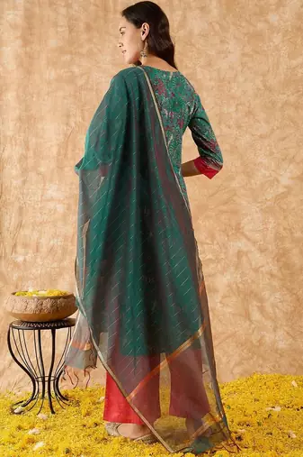women ethnic motifs printed regular kurta with trousers & with dupatta