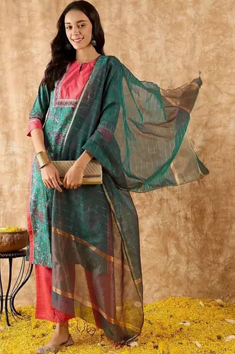 women ethnic motifs printed regular kurta with trousers & with dupatta