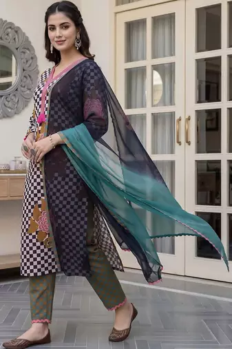 women ethnic motifs printed regular cotton kurta with trousers & with dupatta