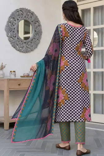 women ethnic motifs printed regular cotton kurta with trousers & with dupatta