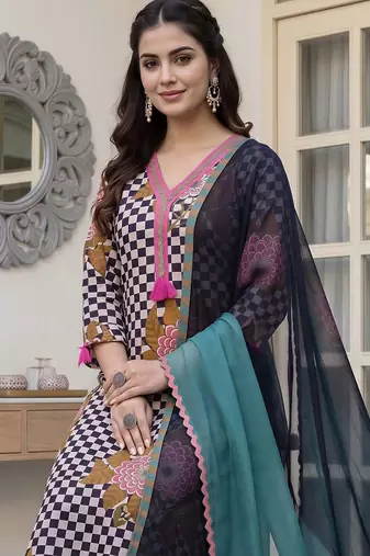 women ethnic motifs printed regular cotton kurta with trousers & with dupatta