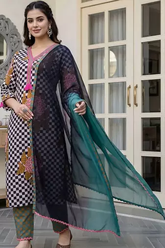 women ethnic motifs printed regular cotton kurta with trousers & with dupatta