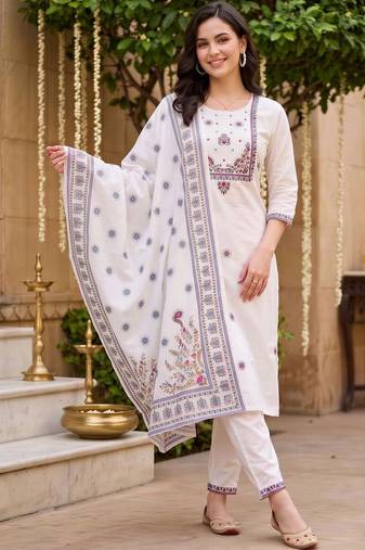 women ethnic motifs embroidered regular thread work cotton kurta with trousers & with dupatta