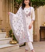 women ethnic motifs embroidered regular thread work cotton kurta with trousers & with dupatta