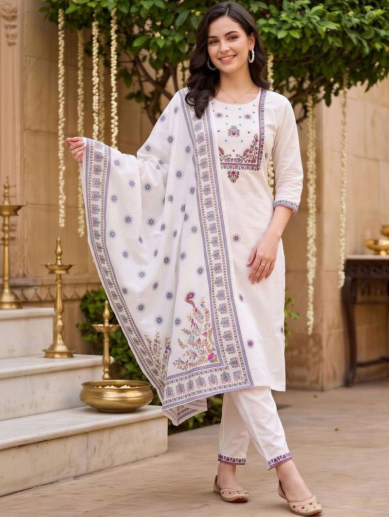 women ethnic motifs embroidered regular thread work cotton kurta with trousers & with dupatta
