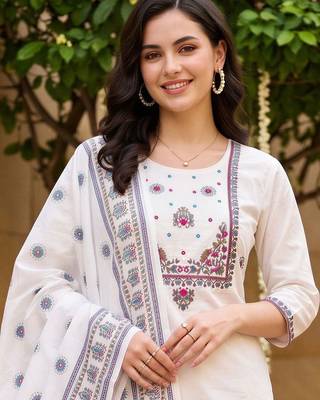 women ethnic motifs embroidered regular thread work cotton kurta with trousers & with dupatta 2