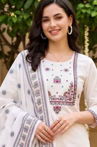 women ethnic motifs embroidered regular thread work cotton kurta with trousers & with dupatta