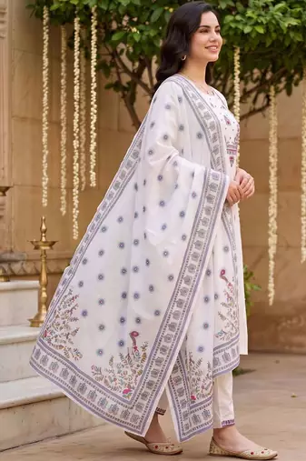 women ethnic motifs embroidered regular thread work cotton kurta with trousers & with dupatta