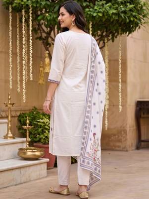 women ethnic motifs embroidered regular thread work cotton kurta with trousers & with dupatta 4