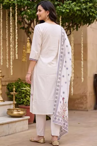 women ethnic motifs embroidered regular thread work cotton kurta with trousers & with dupatta