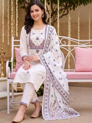 women ethnic motifs embroidered regular thread work cotton kurta with trousers & with dupatta 5