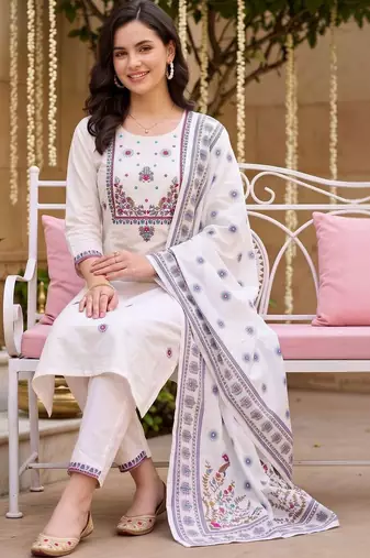 women ethnic motifs embroidered regular thread work cotton kurta with trousers & with dupatta
