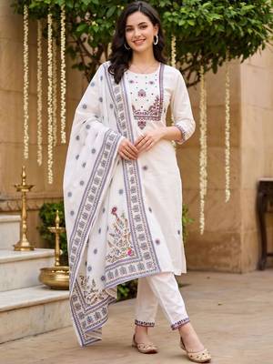 women ethnic motifs embroidered regular thread work cotton kurta with trousers & with dupatta 6