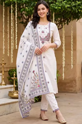 women ethnic motifs embroidered regular thread work cotton kurta with trousers & with dupatta