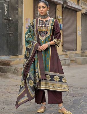 women ethnic motifs printed regular mirror work cotton kurta with trousers & with dupatta 1