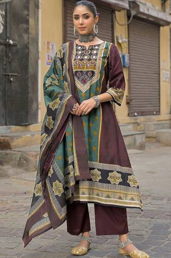 women ethnic motifs printed regular mirror work cotton kurta with trousers & with dupatta