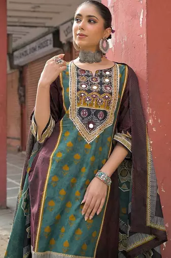 women ethnic motifs printed regular mirror work cotton kurta with trousers & with dupatta