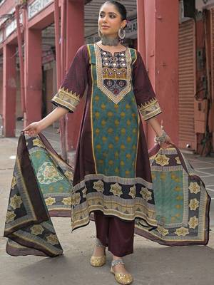 women ethnic motifs printed regular mirror work cotton kurta with trousers & with dupatta 3