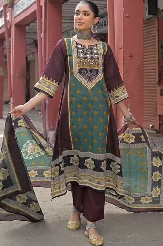 women ethnic motifs printed regular mirror work cotton kurta with trousers & with dupatta
