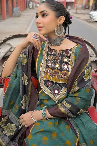 women ethnic motifs printed regular mirror work cotton kurta with trousers & with dupatta
