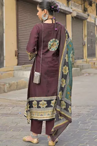women ethnic motifs printed regular mirror work cotton kurta with trousers & with dupatta