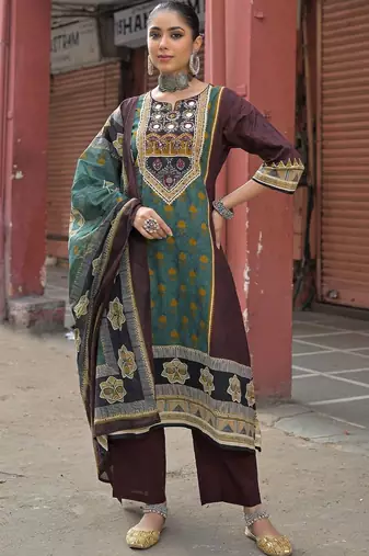 women ethnic motifs printed regular mirror work cotton kurta with trousers & with dupatta