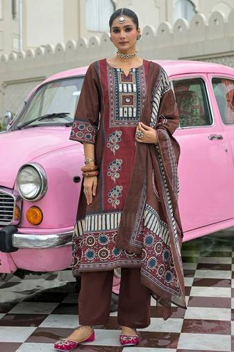 women ethnic motifs printed regular cotton kurta with trousers & with dupatta