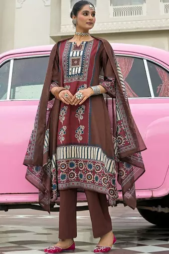 women ethnic motifs printed regular cotton kurta with trousers & with dupatta