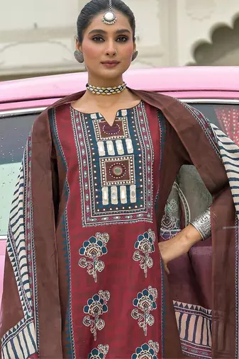 women ethnic motifs printed regular cotton kurta with trousers & with dupatta