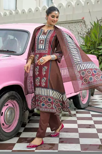 women ethnic motifs printed regular cotton kurta with trousers & with dupatta