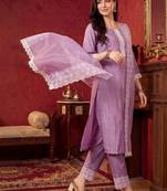 women regular thread work kurta with trousers & with dupatta