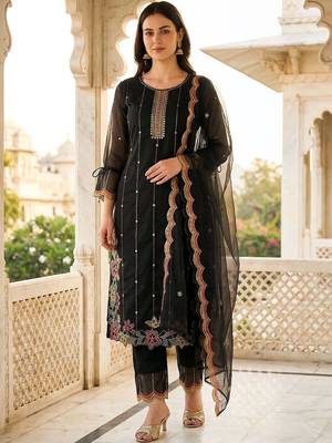 women ethnic motifs embroidered regular thread work kurta with trousers & with dupatta 1