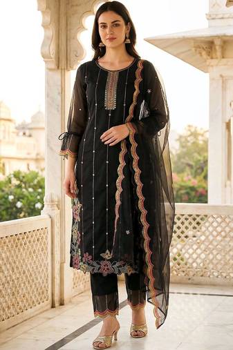 women ethnic motifs embroidered regular thread work kurta with trousers & with dupatta