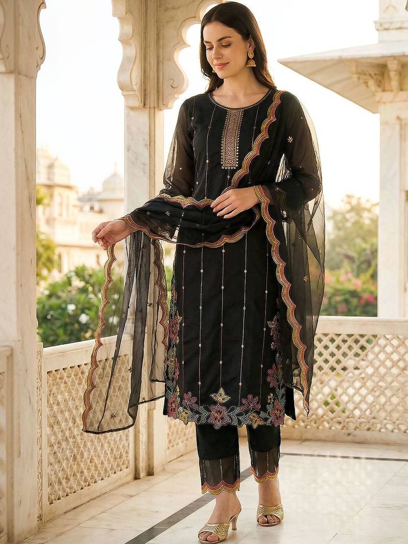 women ethnic motifs embroidered regular thread work kurta with trousers & with dupatta