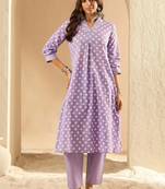 women printed regular thread work cotton kurta with trousers