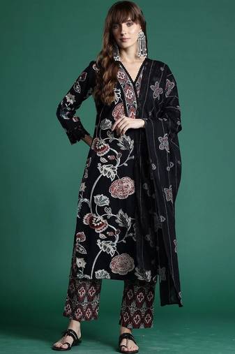 women ethnic motifs printed regular cotton kurta with palazzos & with dupatta