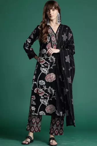 women ethnic motifs printed regular cotton kurta with palazzos & with dupatta