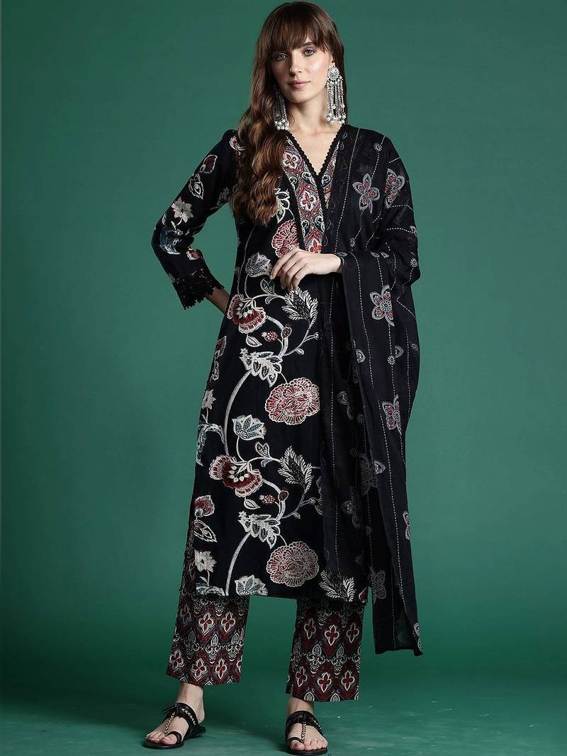 women ethnic motifs printed regular cotton kurta with palazzos & with dupatta