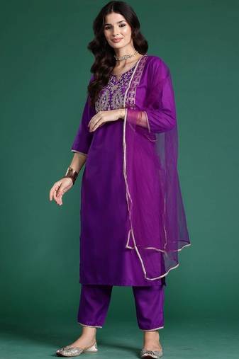 women ethnic motifs embroidered regular thread work liva kurta with trousers & with dupatta