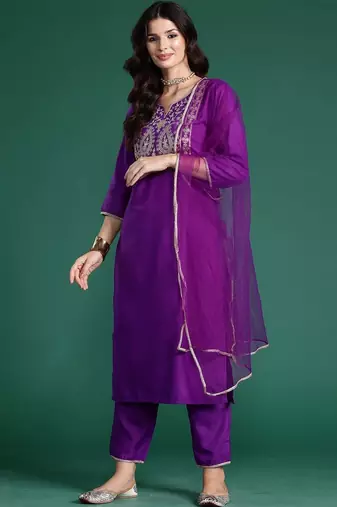 women ethnic motifs embroidered regular thread work liva kurta with trousers & with dupatta