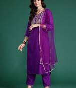 women ethnic motifs embroidered regular thread work liva kurta with trousers & with dupatta