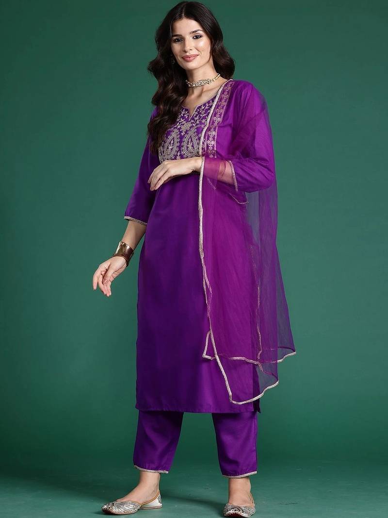 women ethnic motifs embroidered regular thread work liva kurta with trousers & with dupatta