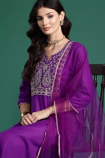 women ethnic motifs embroidered regular thread work liva kurta with trousers & with dupatta