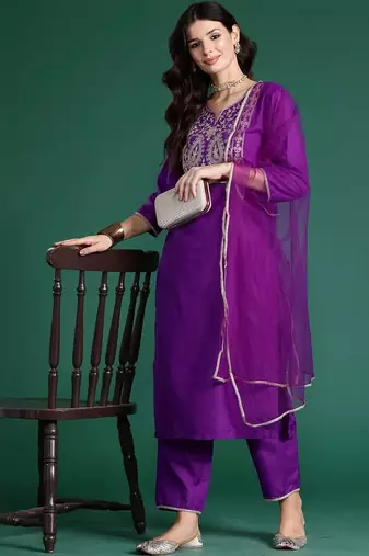 women ethnic motifs embroidered regular thread work liva kurta with trousers & with dupatta