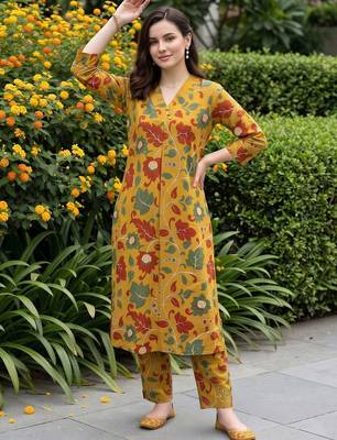 women floral printed regular cotton kurta with trousers 1