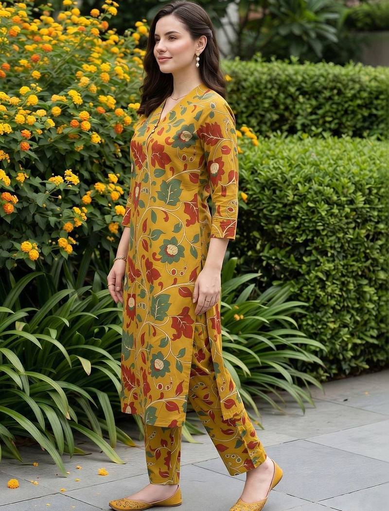women floral printed regular cotton kurta with trousers
